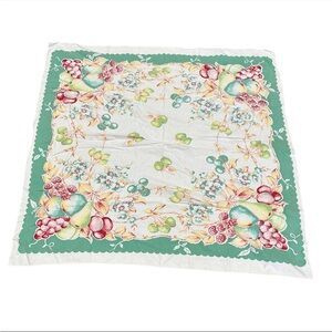 Vintage Table Cover Fruits Floral Green White Granny Cottage Farmhouse #0462